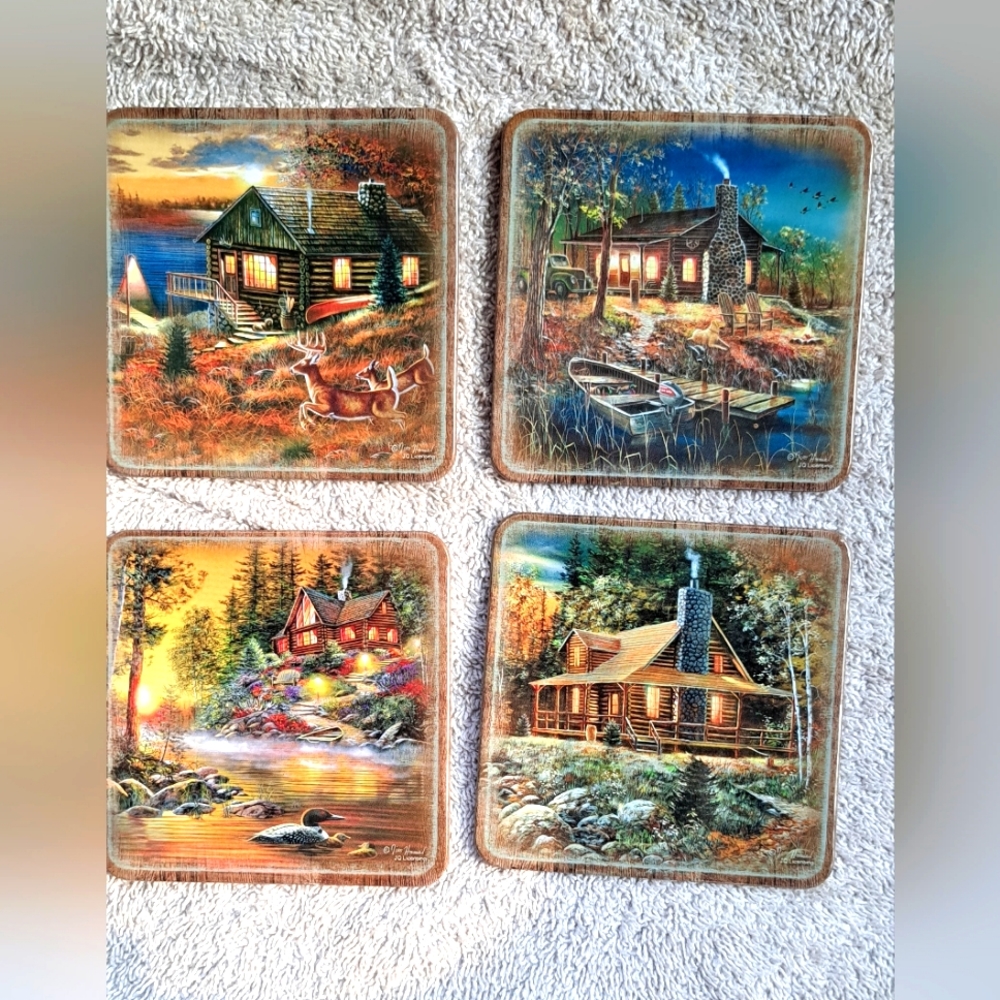 VINTAGE Cork Back JIM HANSEL Metal Iconic Coasters  SET OF 4